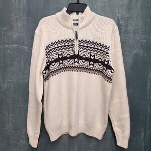 NEW Izod Mens Sz Medium Fair Isle Honeycomb Knit 1/4 Zip Sweater Cream Red Blue